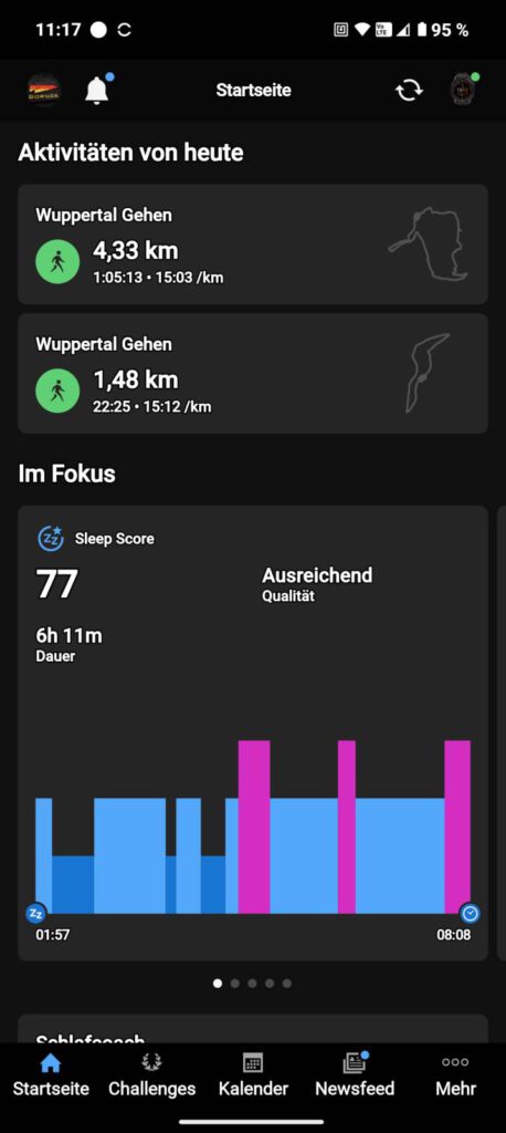 Nachdem Du eine Geh-Aktivität ausgeführt und beendet hast, erscheint diese nach der Synchronisation auf der der Startseite der Garmin Connect App 