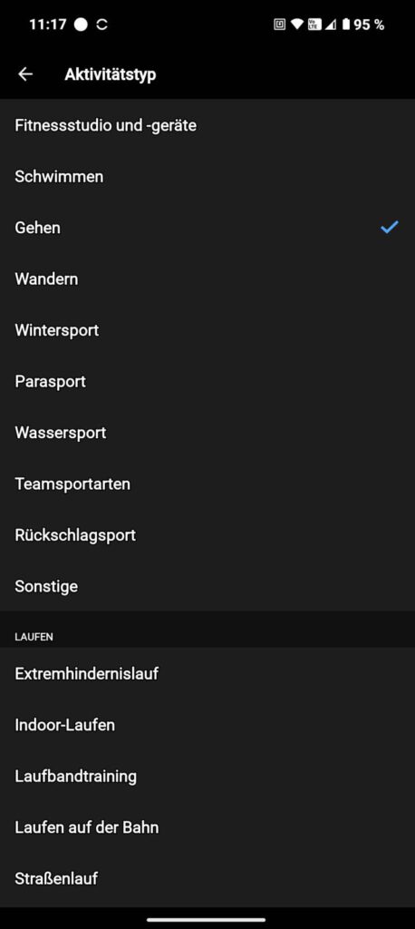 Es öffnet sich eine neue Seite mit sämtlichen Aktivitätstypen. Aktuell ist "Gehen" ausgewählt